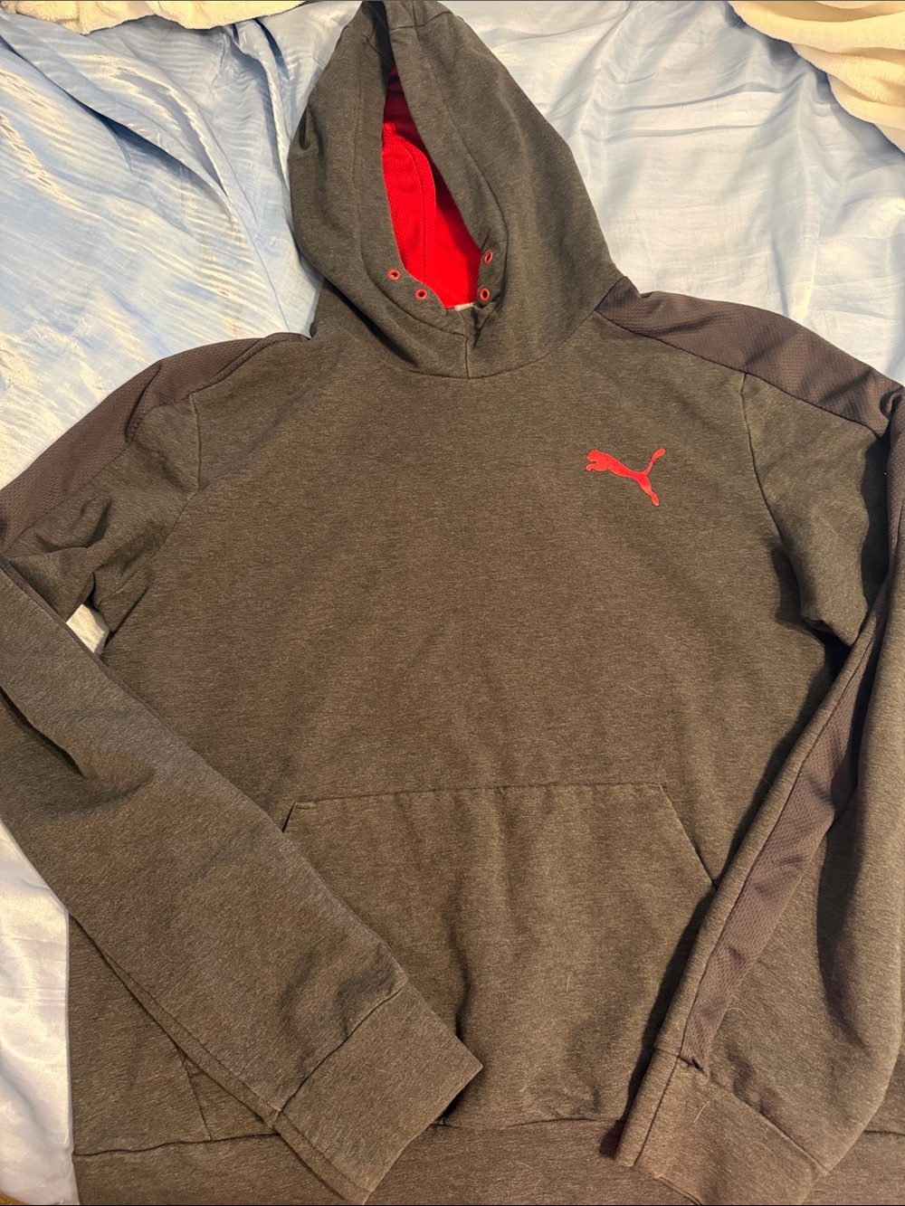 Puma Charcoal Gray Hoodie with Red Logo and Lining